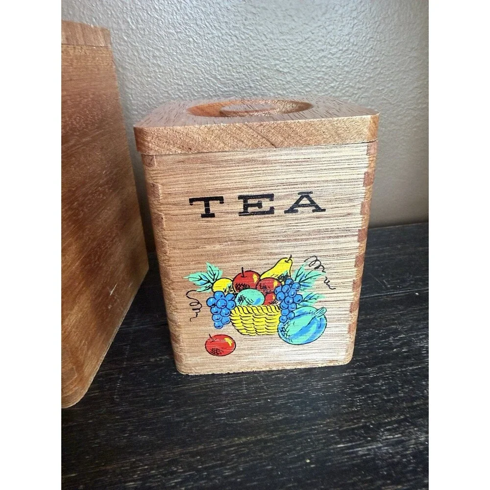 Wooden Nesting Canister Set VTG Dovetail MCM Japan Painted Fruit Basket 3 Piece
